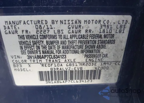 2012 Nissan Sentra 2.0 Sl z USA, uszkodzony, nr VIN 3N1AB6AP7CL634123